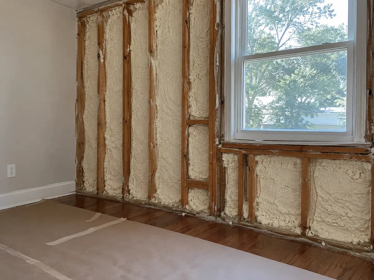 Illustration of opened wall framing beside protected finished flooring in a residential retrofit