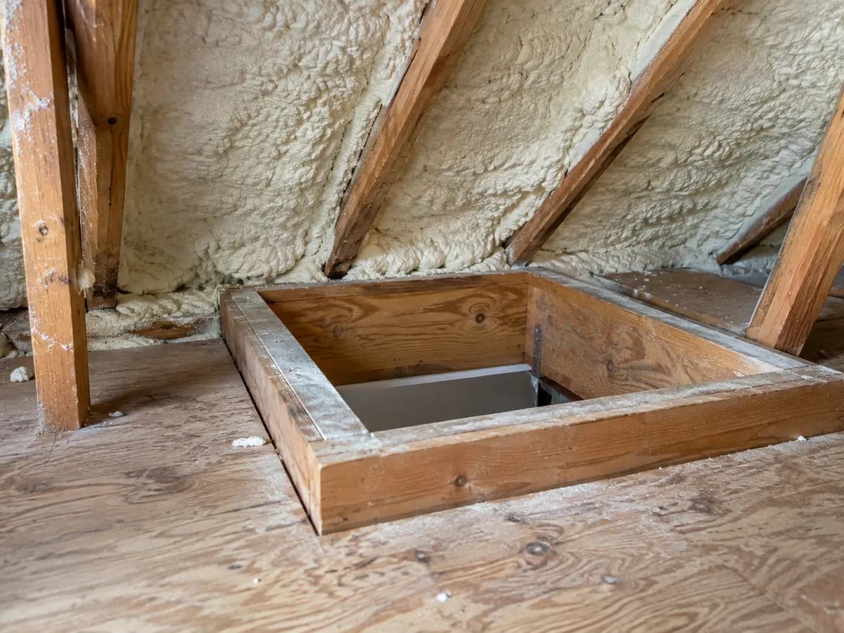 Illustration of an attic access edge beside selected insulated framing and a clear work path