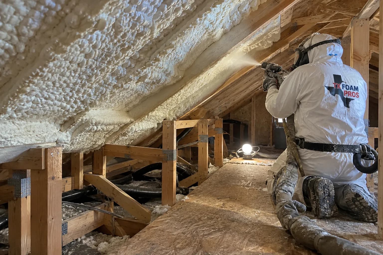 Illustration of a protected branded installer treating an accessible bay in a low residential attic