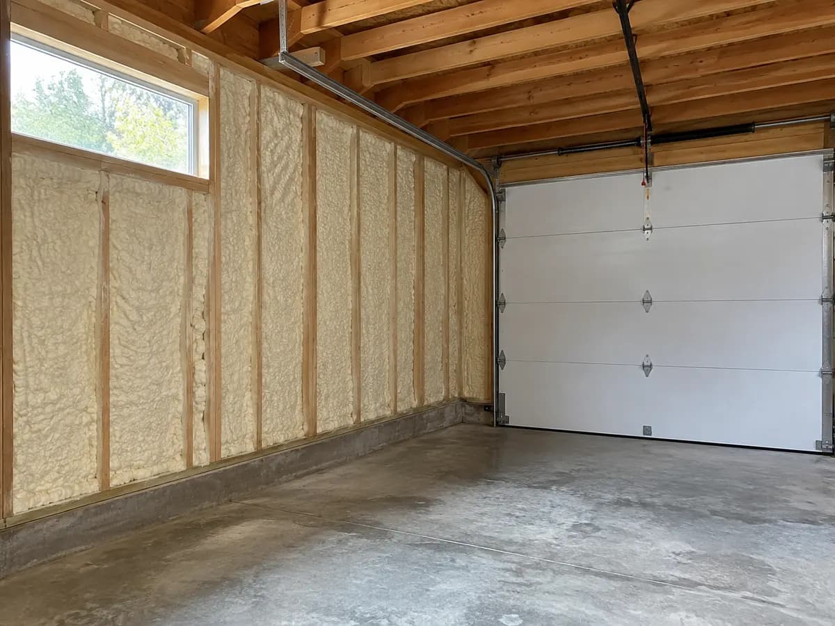 Illustration of selected insulated side-wall bays and exposed framing in a compact garage