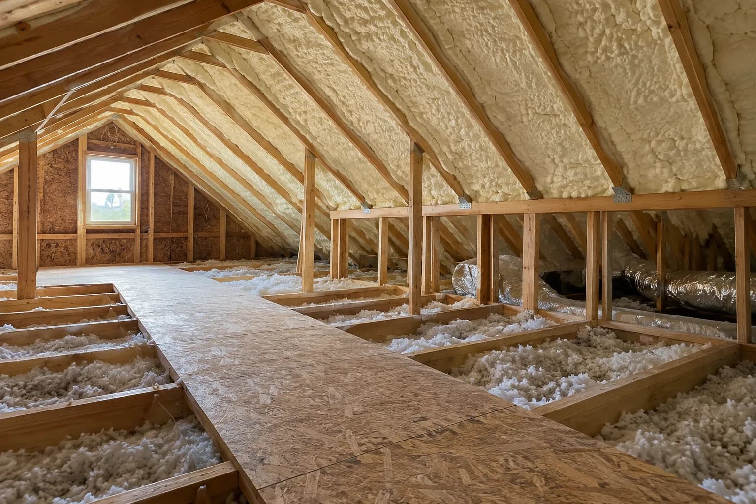 Illustration of a residential attic with a knee wall, access walkway and selected insulated roof bays