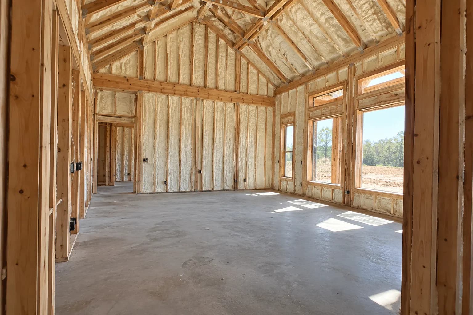Illustration of open residential framing with selected insulated bays before finishes