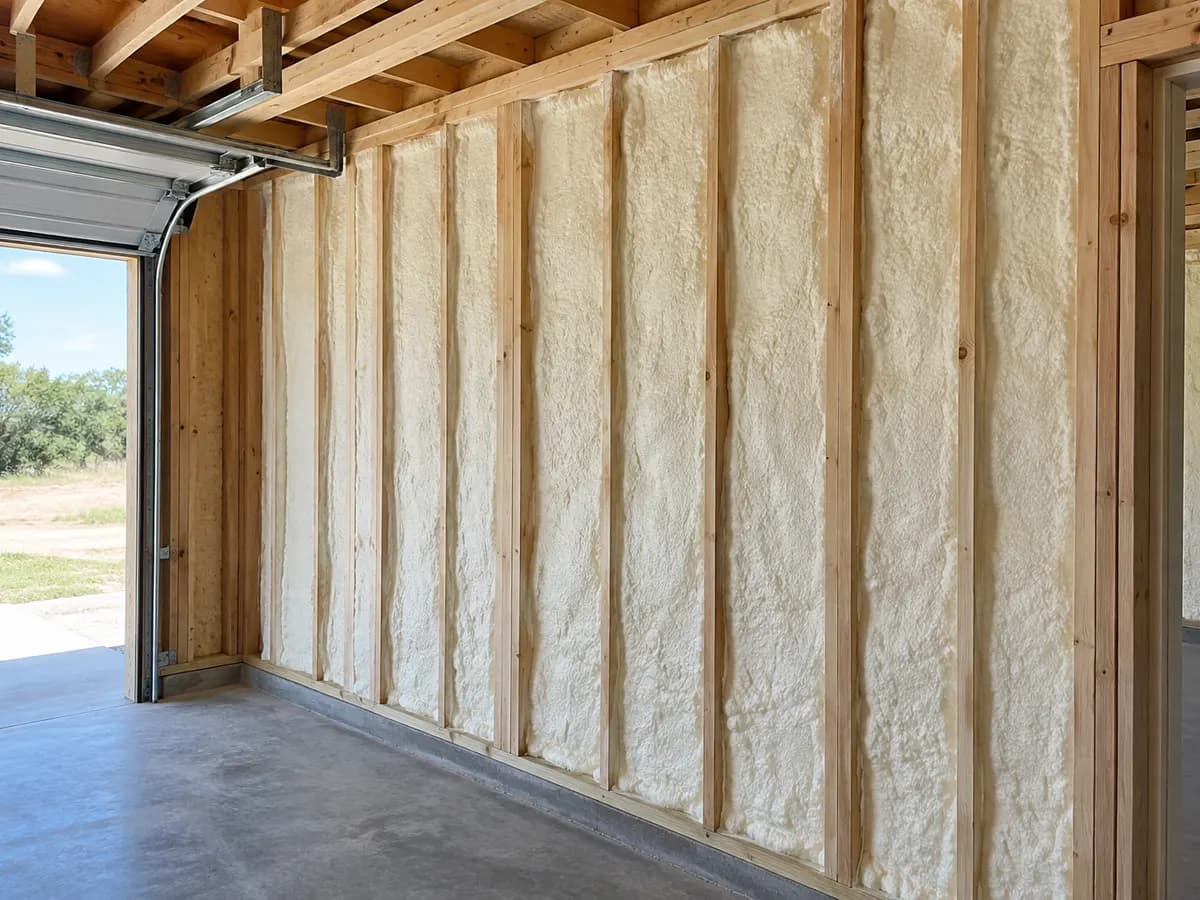 Illustration of an insulated garage partition beside an open door jamb in new construction