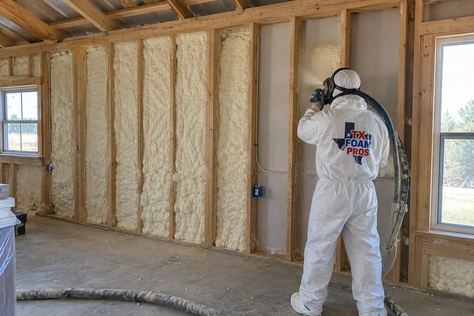 Illustration of a protected branded installer treating timber-framed detached shop wall bays