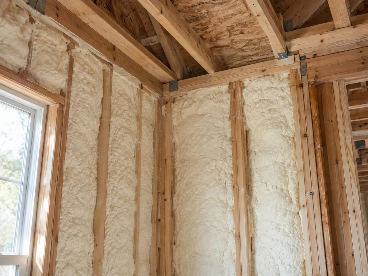 Illustration of a framed home addition with insulated cavities beside an existing wall connection