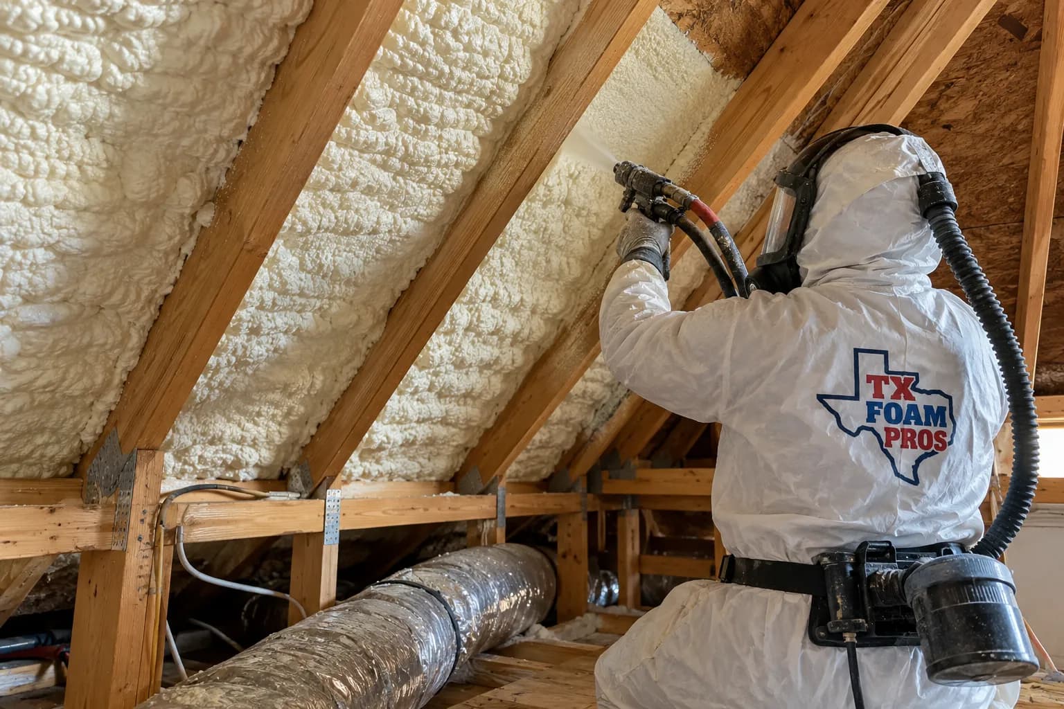 Illustration of a protected branded installer applying foam to accessible timber attic roof bays