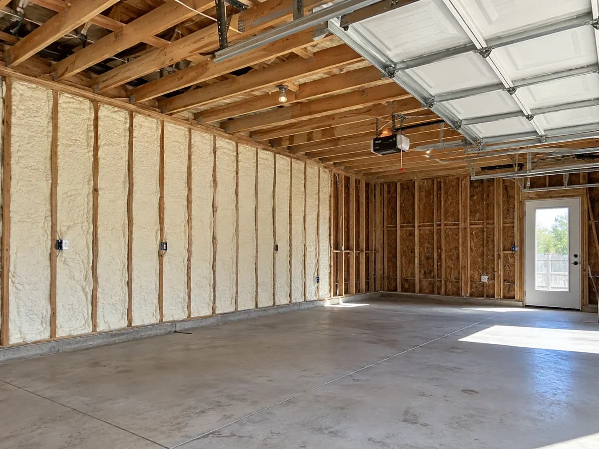 Illustration of an attached garage remodel with open ceiling framing and selected insulated wall bays