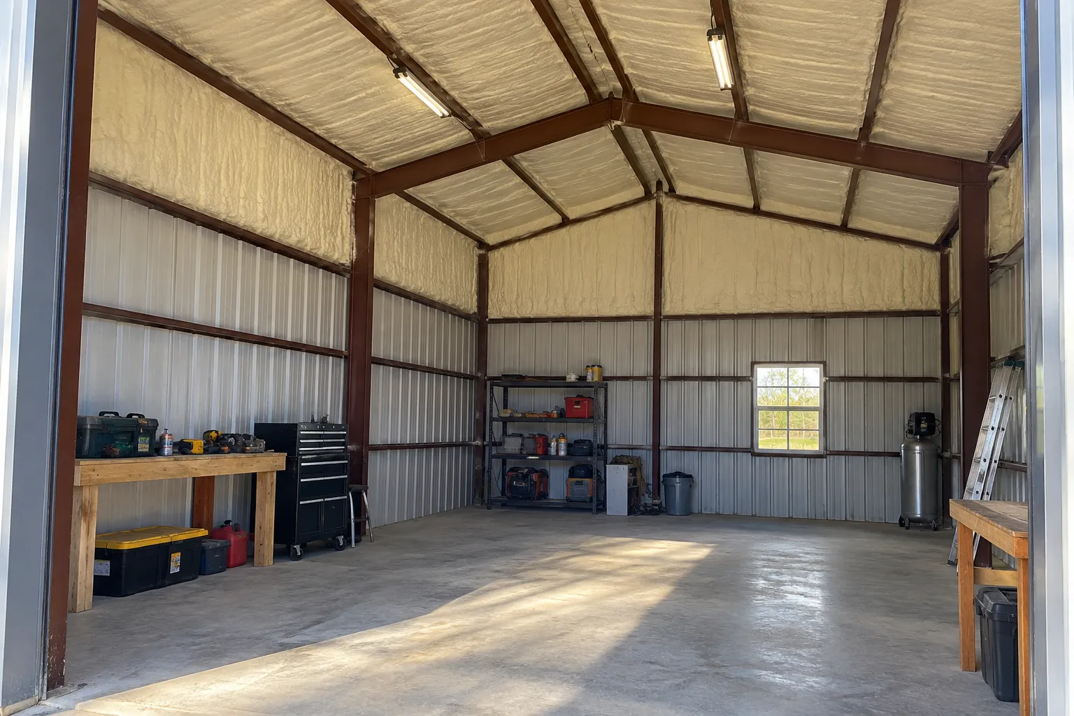 Illustration of a modest metal workshop with selected insulated roof and wall surfaces