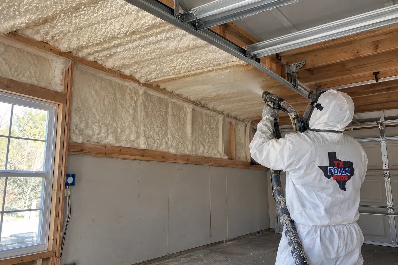 Illustration of a protected branded installer treating a garage ceiling edge beneath residential framing
