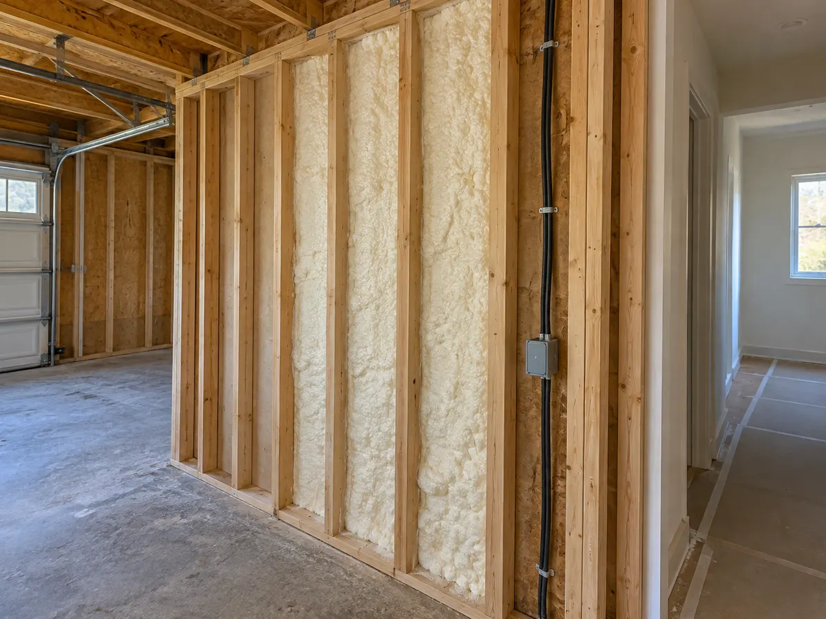 Illustration of a garage-to-house partition with selected insulated cavities and visible connecting framing