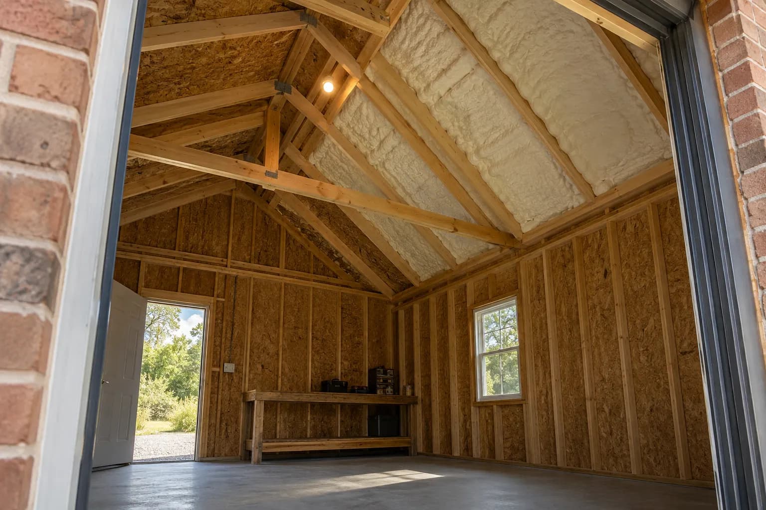 Illustration of a modest detached timber workshop with selected roof-bay insulation