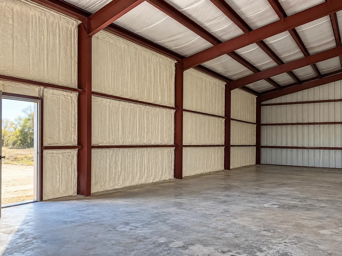 Illustration of a small steel shop with exposed purlins and selected insulated wall bays