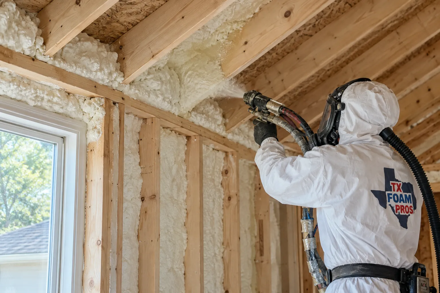 Illustration of a protected branded installer treating a home-addition wall-to-roof connection