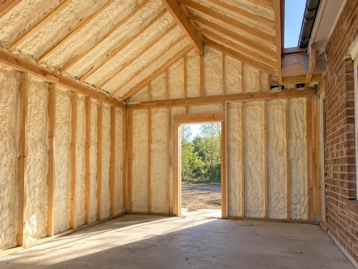 Illustration of new insulated addition framing adjoining an existing brick house wall