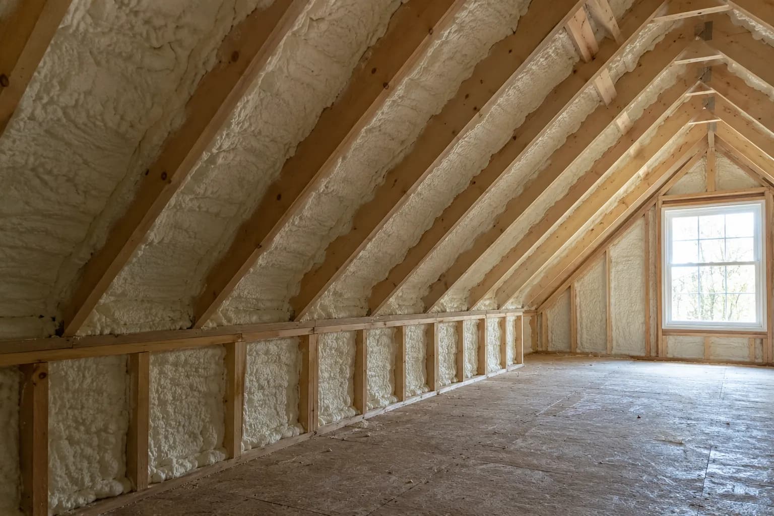 Illustration of attic over a two-level home with cream-white roof foam, knee-wall return and bright gable window on right