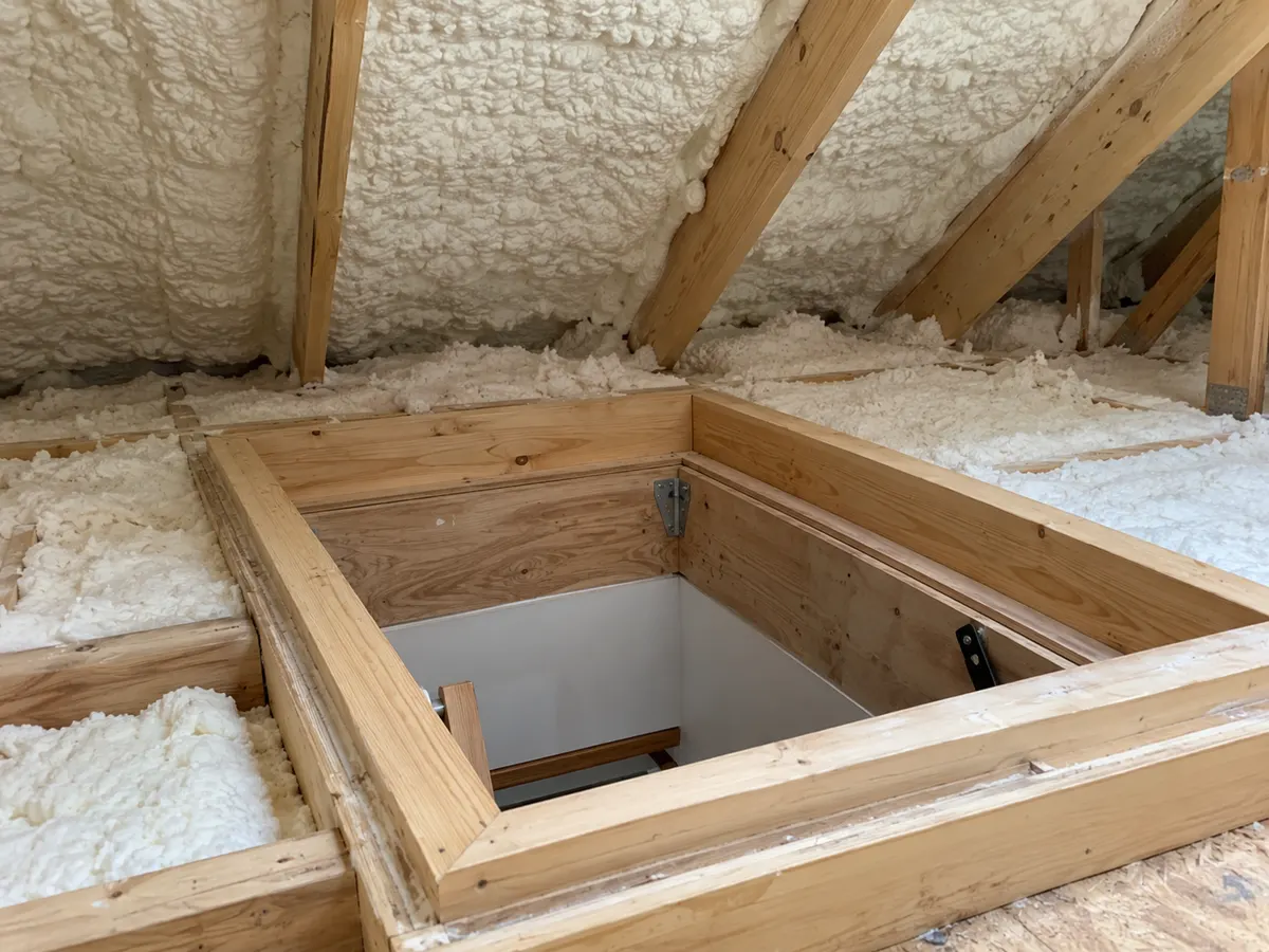 Illustration of detailed attic hatch curb and roof insulation continuity, natural wood and white foam