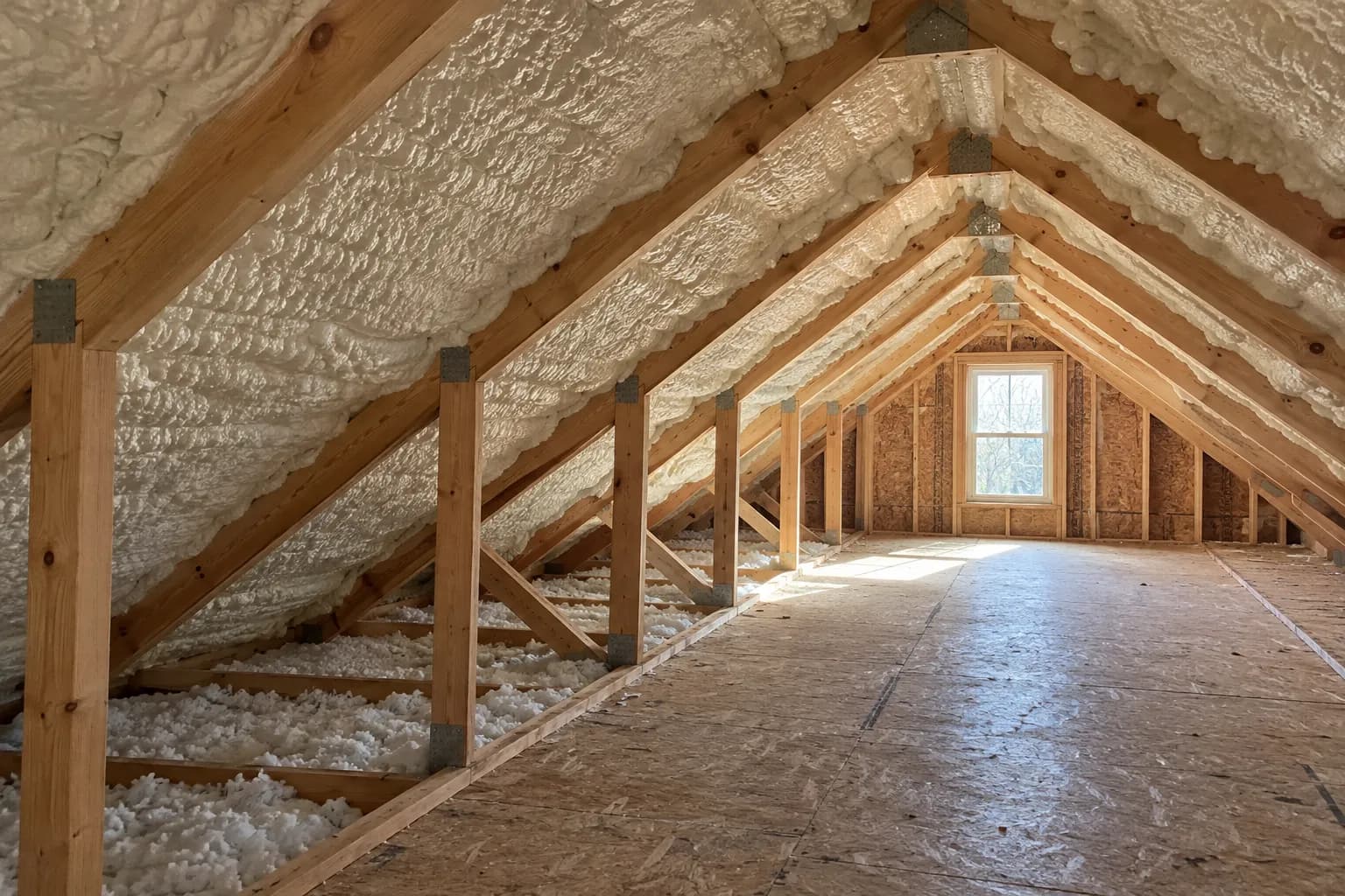Illustration of house attic under a long low timber roof, white spray foam above a clear central access path, natural gable light