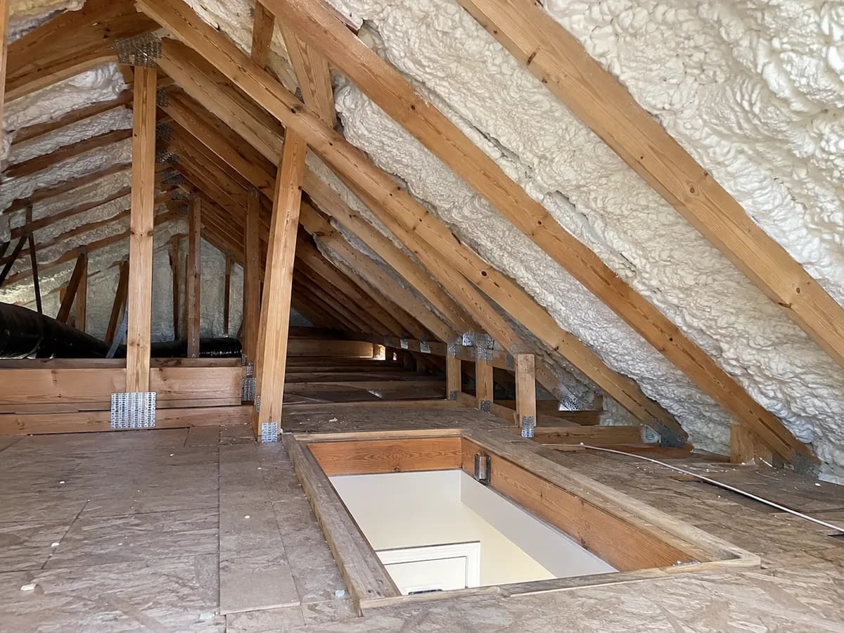Illustration of attic under repaired timber framing with white foam in adjacent bays and an accessible hatch landing