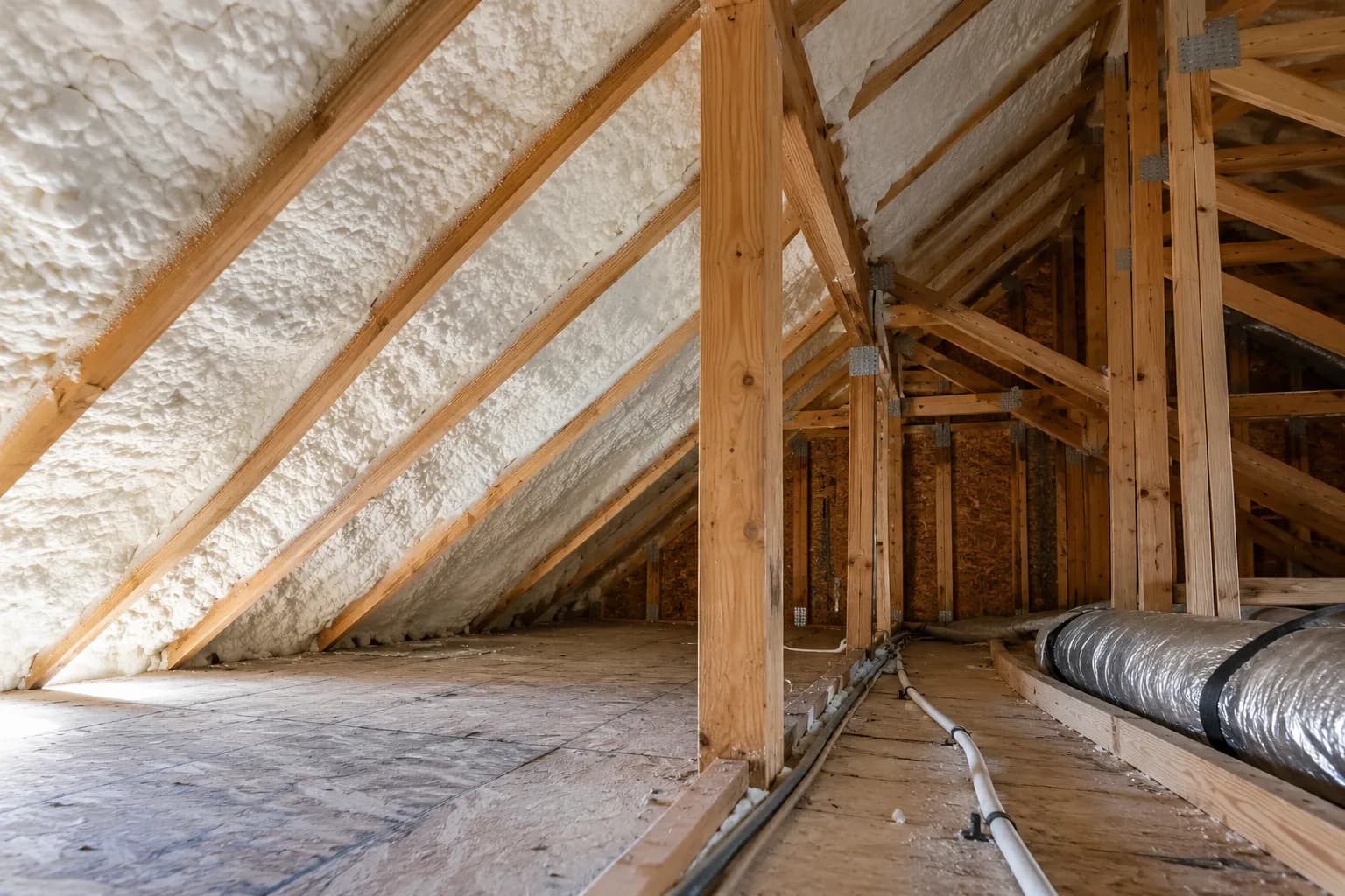 Illustration of existing timber attic with white roof foam, a visible addition junction and modest mechanical service route