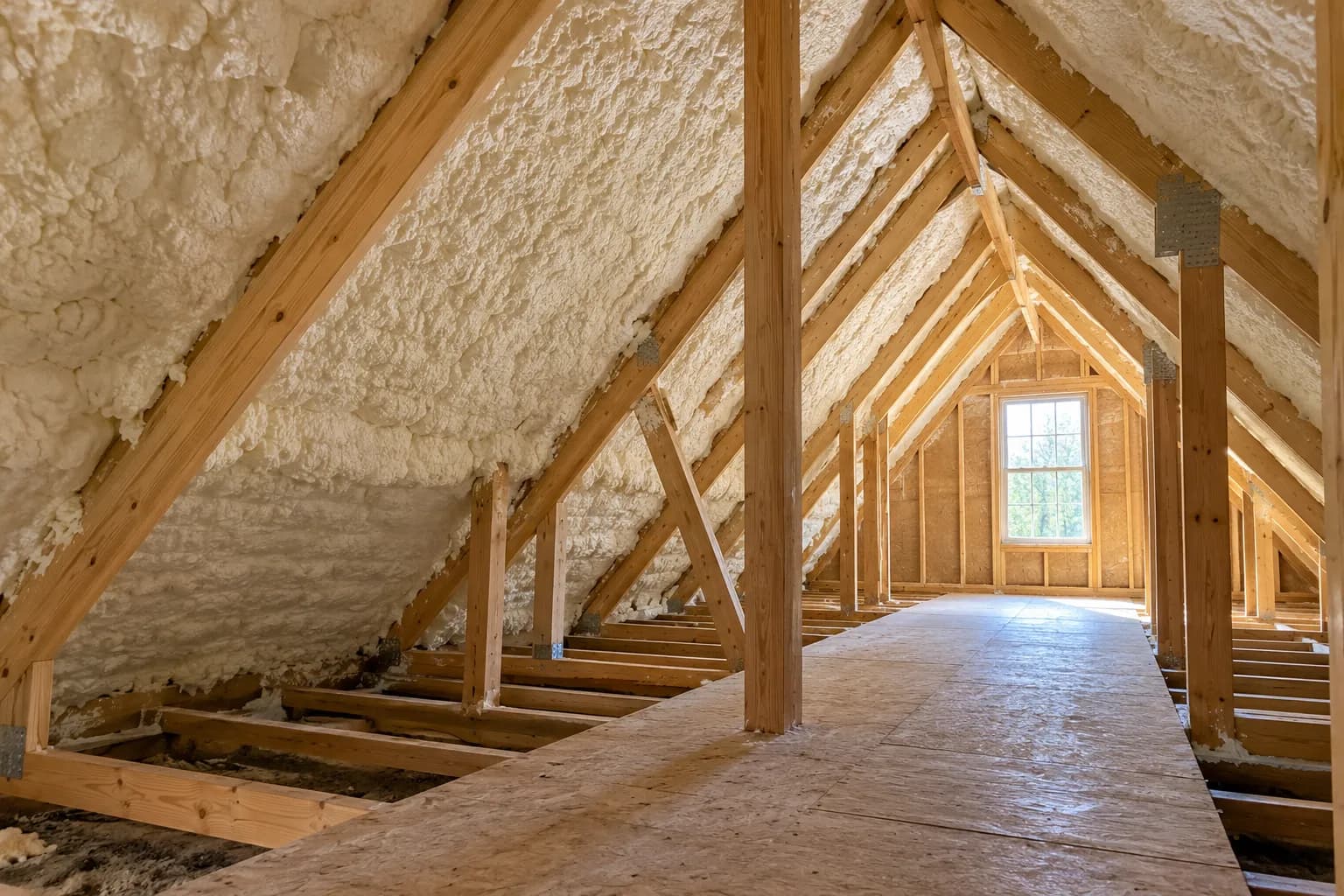 Illustration of tall timber attic with white open-cell roof foam, multiple slopes and a clear maintenance path, warm gable daylight