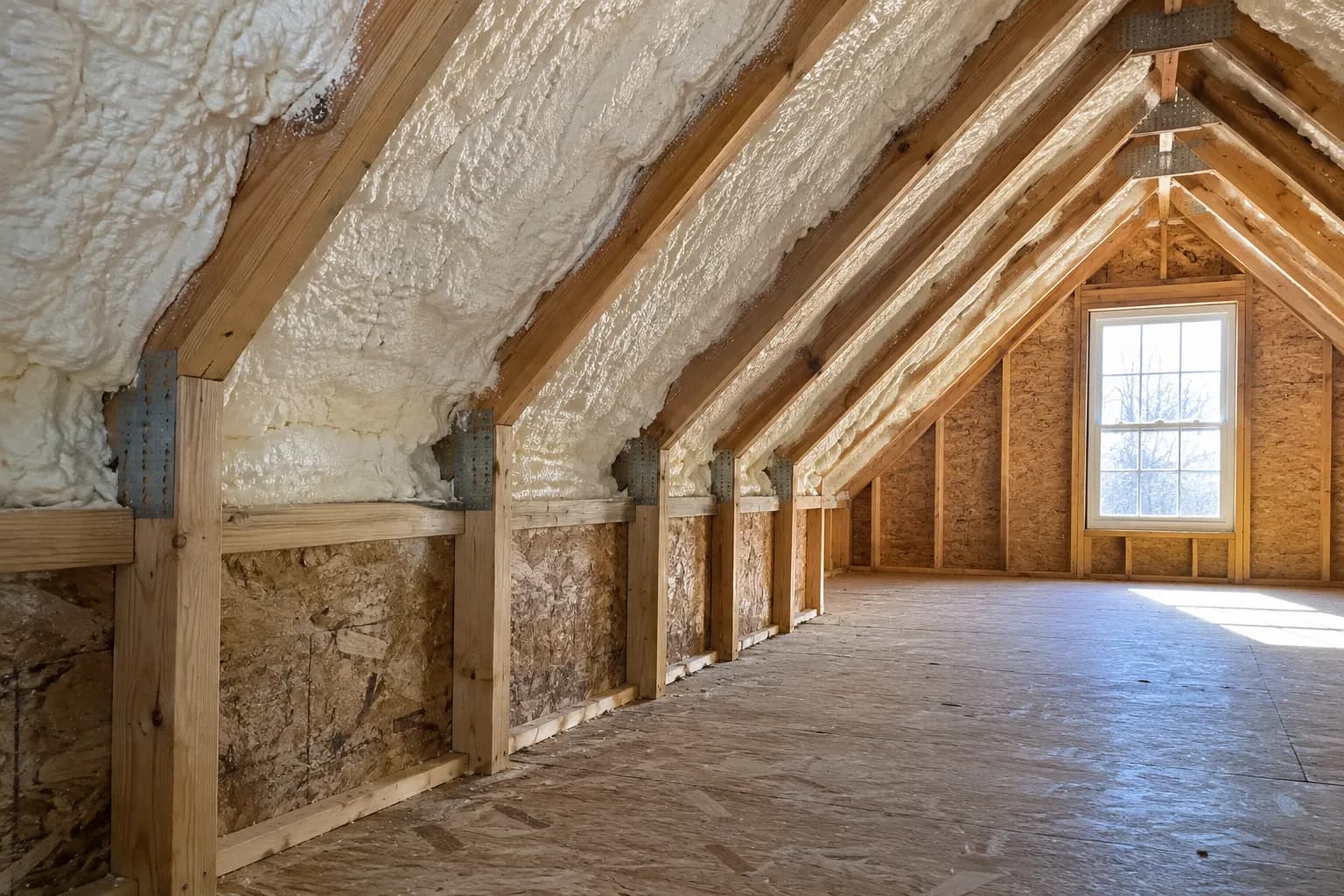 Illustration of house attic with white roofline foam and a knee-wall connection beside an upper room, warm gable daylight