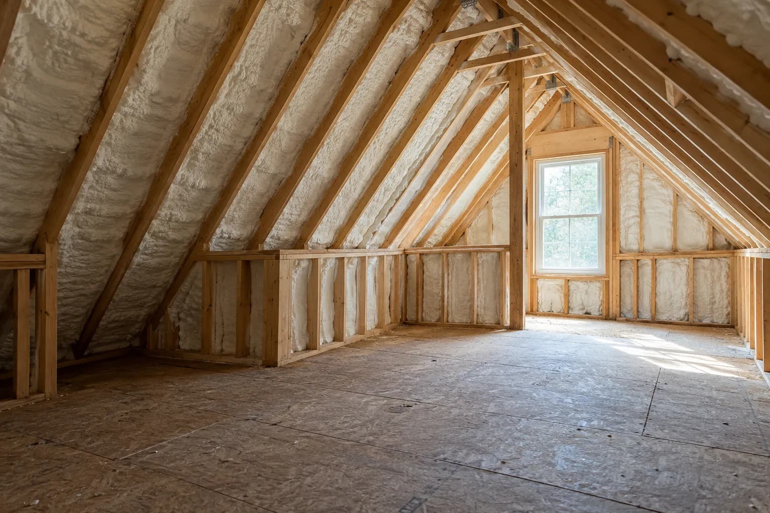 Illustration of tall timber attic with white open-cell roof foam and several low knee walls around an upstairs room, morning gable light
