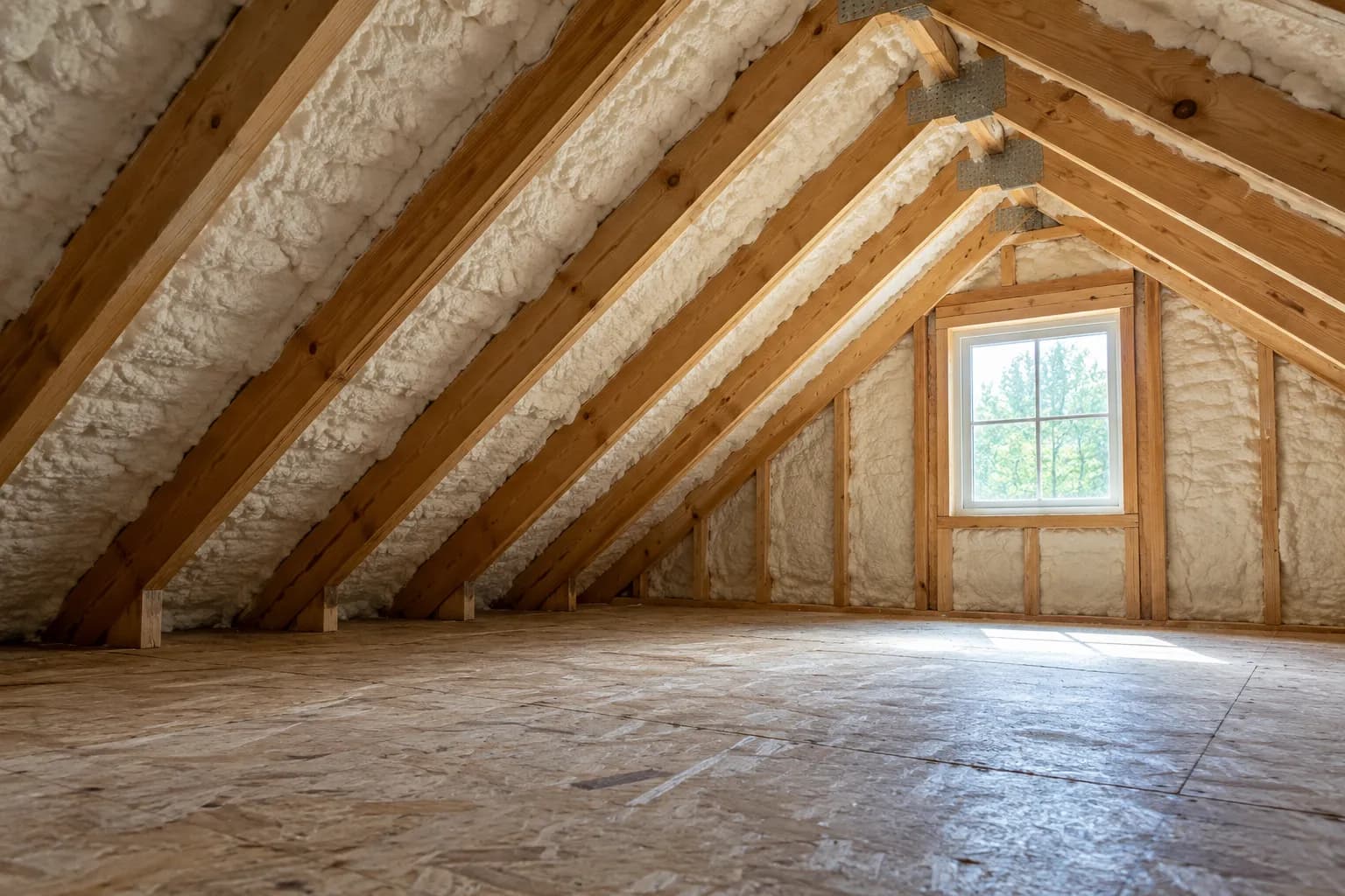 Illustration of timber attic with white foam on the roof underside and a bright small gable window, no lake visible
