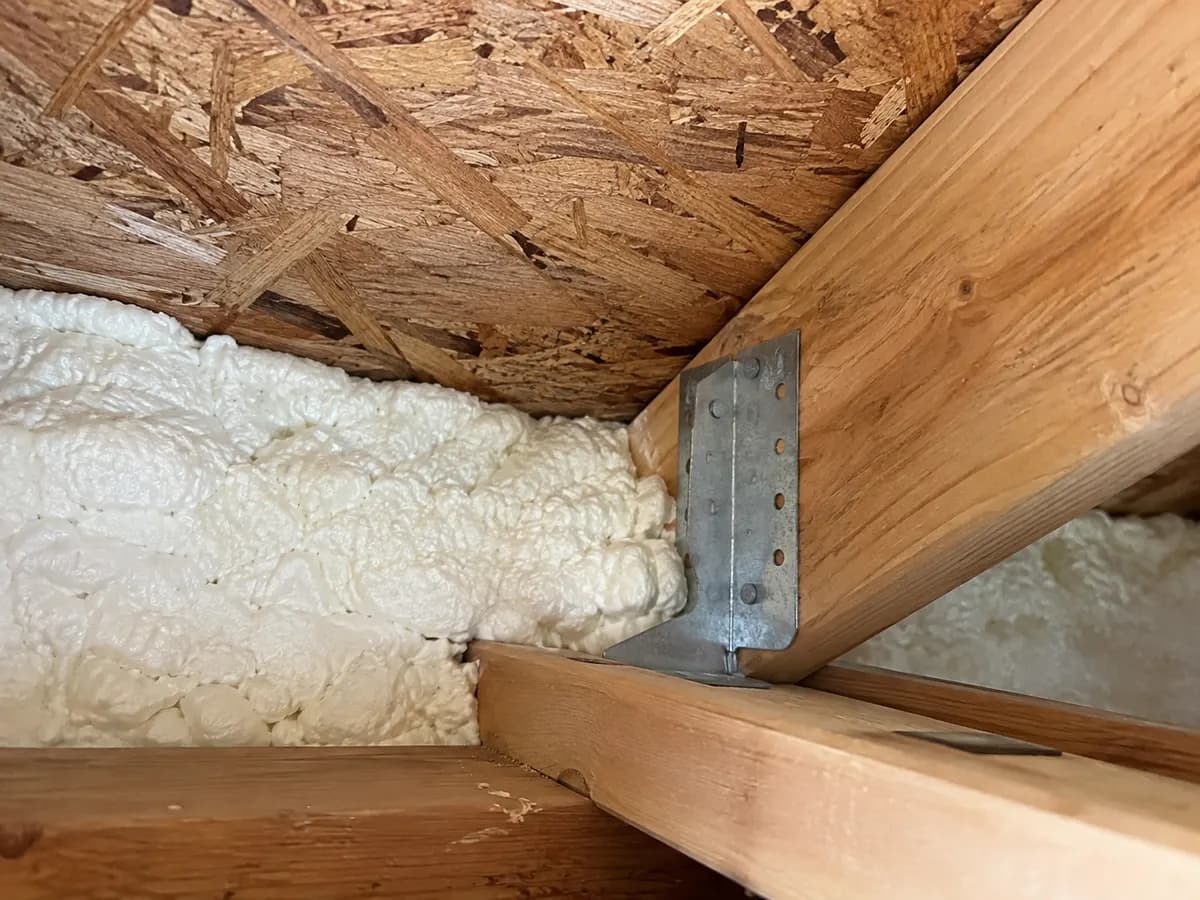Illustration of close dry roof deck junction and white foam beside sound timber, natural inspection view