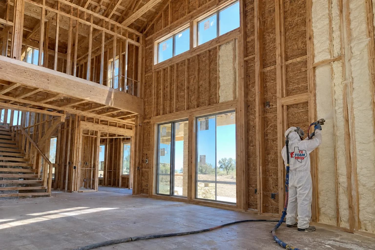 Illustration of a branded installer applying foam inside a tall timber-framed new home